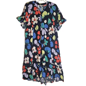 Terra & Sky Dress Womens 2X Navy Blue Floral Ruffle Hem Short Sleeve Boho Summer - Picture 1 of 12