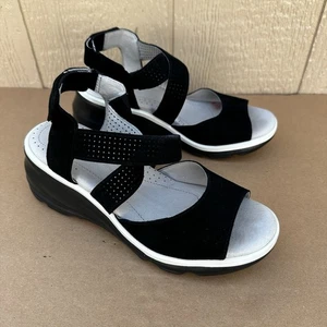 Jambu Women’s Lilly Wedge Sandals Shoes Size 7 Black  Leather Strappy - Picture 1 of 9