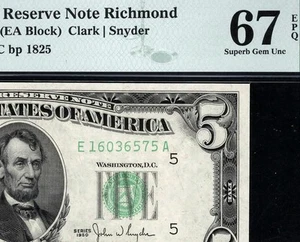 1950 $5 Richmond Federal Reserve Note FRN • 1961-E • PMG 67 EPQ • POP 5/2 - Picture 1 of 3