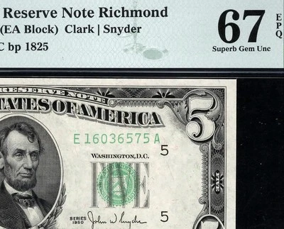 1950 $5 Richmond Federal Reserve Note FRN • 1961-E • PMG 67 EPQ • POP 5/2 - Image 1 of 3