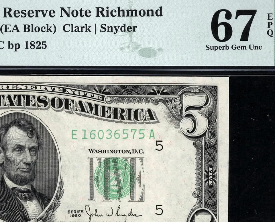 1950 $5 Richmond Federal Reserve Note FRN • 1961-E • PMG 67 EPQ • POP 5/2 - Image 1 of 3