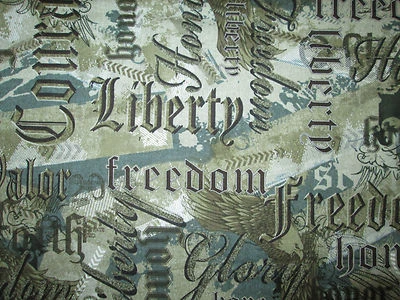 MILITARY USA WORDS LIBERTY COURAGE CAMO COTTON FABRIC FQ - Image 1 of 4