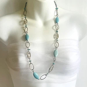 Station Necklace Faux Turquoise Bead Gold Tone 32" Plus Extension Signed You&I - Picture 1 of 12