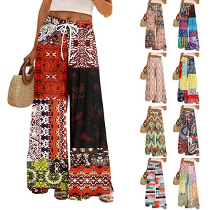 Women Summer Boho Palazzo Pants High Waist Wide Leg Rinting Casual Trousers - Picture 1 of 39