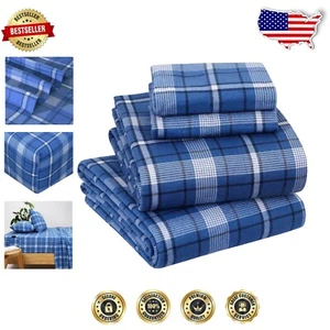 Luxurious 100% Cotton Flannel Sheets - Dark Blue Plaid, Cal King Deep Pocket Set - Picture 1 of 9