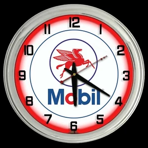 16" Mobil  Oil Nostalgic Pegasus Sign Red Neon Wall Clock Garage Man Cave - Picture 1 of 2