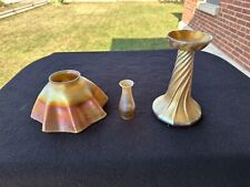 Antique 1900 Signed Tiffany Candlestick Favrile Iridescent Art Glass Lamp, Shade