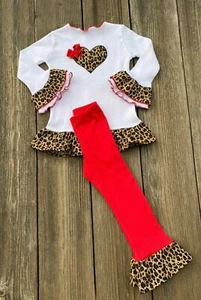Valentines Day Girl Outfit- Valentines Day Red Leopard Print Girl Clothes - Picture 1 of 1