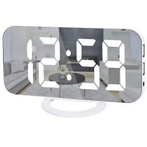Digital Alarm Clock 6.5" Large LED Mirror Display Dual USB Charger Port Clocks