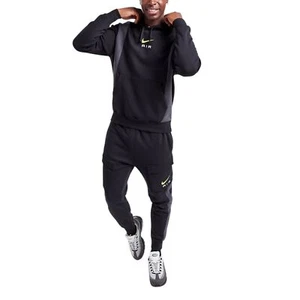 Nike Air Tracksuit Mens Cargo Sweatpants Swoosh Logo Pullover Hoodie Neon Black - Picture 1 of 8