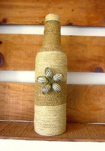 9.5" Twine Yarn Wrapped Decorative Bottle Gold Flower Rustic Country Home Decor - Picture 1 of 8