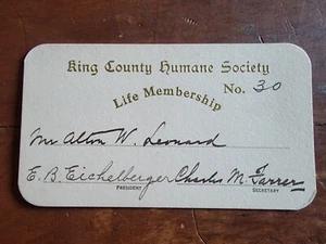 King County Humane Society 1920er Jahre Life Membership Card, E.B. Eichelberger Auto - Bild 1 von 2