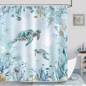 Sea Turtle Shower Curtain for Bathroom Teal Blue Ocean Beach Coastal Decorati... - Picture 1 of 7