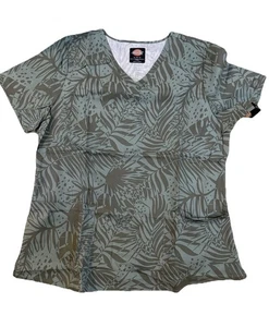 NWT Dickies Scrub Top M Green Palm Leaf Cotton Scrubs Nurse Uniform Floral - Picture 1 of 8
