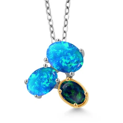 Collar colgante de plata 925 y oro amarillo de 10 quilates ópalo azul y ópalo verde para Foto 1 de 4