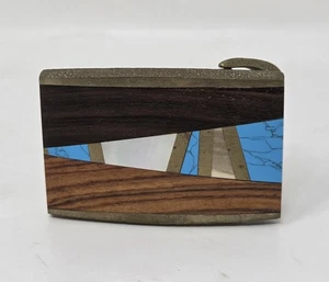 Vintage Gürtelschnalle SST Holz Türkis Intarsien Messing Modernist Geometrisch Cowgirl - Bild 1 von 8