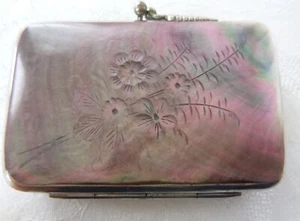 Vintage geschnitzte echte Abalone Muschel über weichem Leder Geldbörse Kussverschluss - Bild 1 von 6