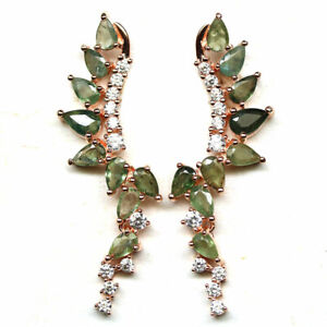 NATURAL GREEN SAPPHIRE & WHITE CZ EARRINGS 925 STERLING SILVER ROSE GOLD COATED