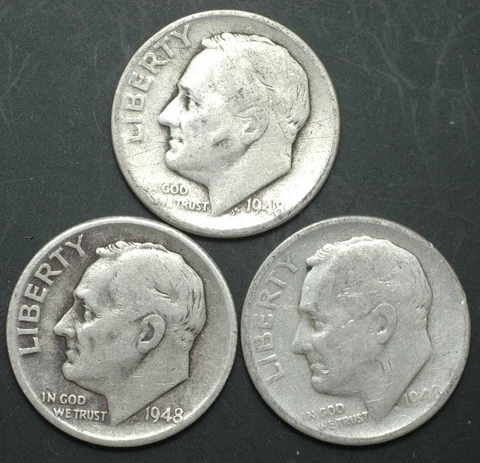 1948-P-D-S Roosevelt silver dime year set of 3 coins Cover
