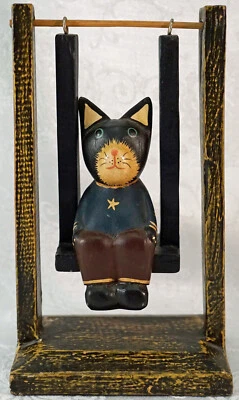 Hand Made Wooden Cat on a Swing Figurine Works - Image 1 of 4