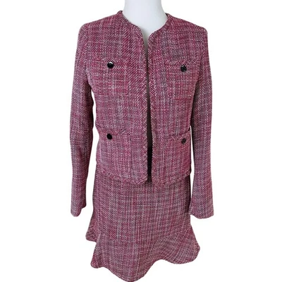 Traje Falda Bar III Talla 2 con Blazer Chaqueta Tweed Fucsia Preppy Carrera Destintado Foto 1 de 4