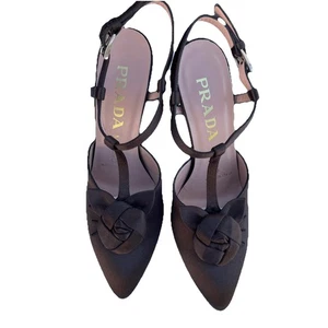 Prada Vero Cuoio Brown W Flower Slingback Heels EU 38.5,US 8 - Picture 1 of 18