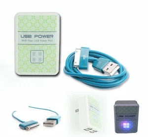 20X 4 USB PORT HUB WALL ADAPTER+3FT CABLE CHARGER DATA AQUA FOR IPHONE IPOD IPAD - Photo 1/1
