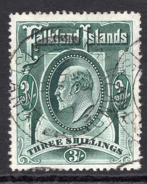 FALKLAND IS 1904-12 KEVII DEFINITIVO 3/- VERDE PROFUNDO CDS MUY FINOS USADOS. SG 49b. Foto 1 de 1