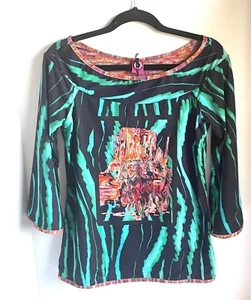 Save the Queen Cowboy 80s Womens Large Green Black Boat Neck Stretch Top - Picture 1 of 6
