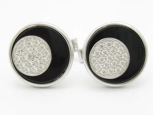 Gemelos halo abstracto de platino de plata de ley con zafiro blanco y ónix negro - Imagen 1 de 7