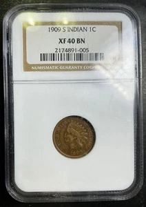 NGC XF40 1909-S Indian Cent Key San Francisco Date Certified Coin A1 - Picture 1 of 2