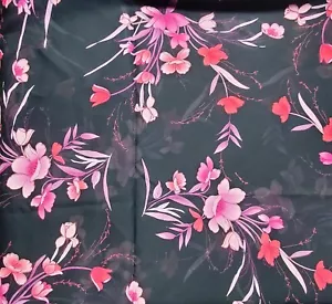 Pink Flowers on black polyester chiffon Fabric 2.75 yds X 56" - Picture 1 of 4