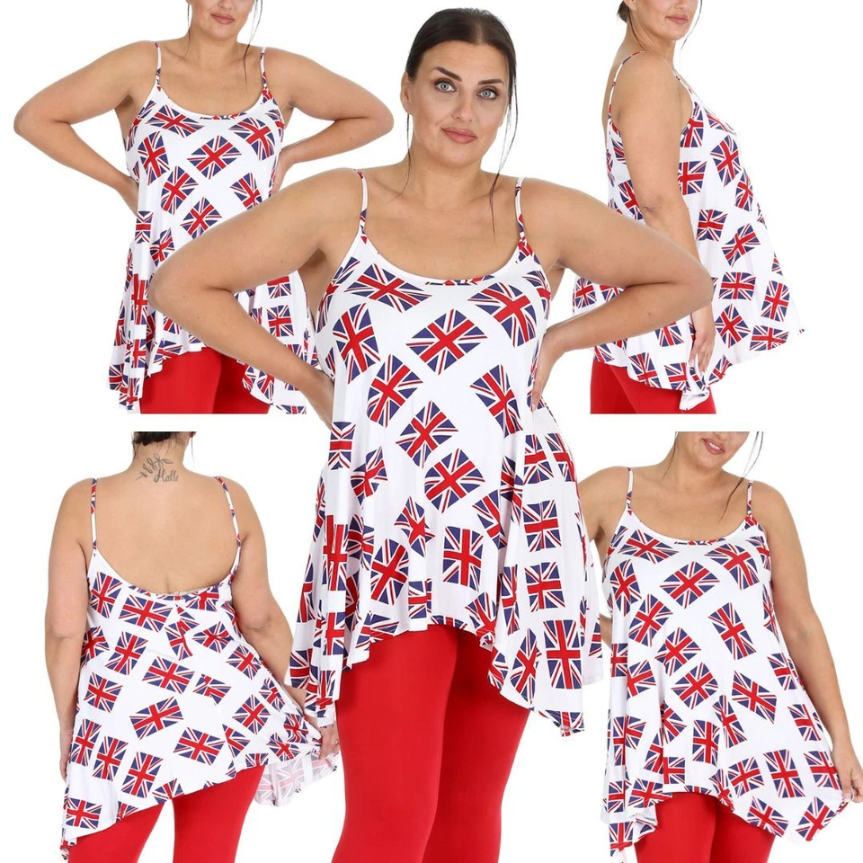 Nouvelle Womens Plus Size Ladies British Flag Print Cami Swing Summer Tank Top   - Image 1 of 1