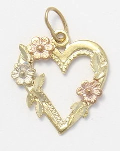 14k Two-Toned Gold Diamond Cut Heart and Flower Charm Necklace - Picture 1 of 4