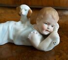 PIANO BISQUE ANTIQUE PORCELAINE GEBRUDER HEUBACH BÉBÉ AVEC CHIOT SUR LE DOS