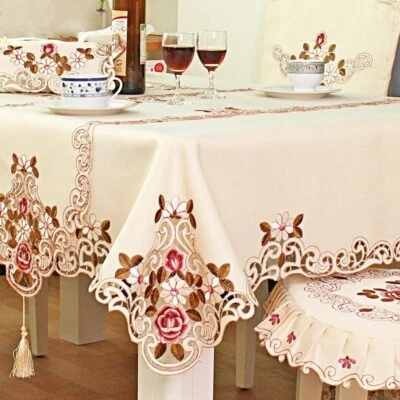 Beige Lace Tablecloth Embroidered Tablecover Floral European Round Square - Image 1 of 4