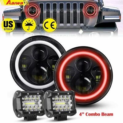 7" Inch LED Headlights Halo Angle Eyes For Jeep Wrangler JK LJ TJ CJ & 4" Lights - Image 1 of 4
