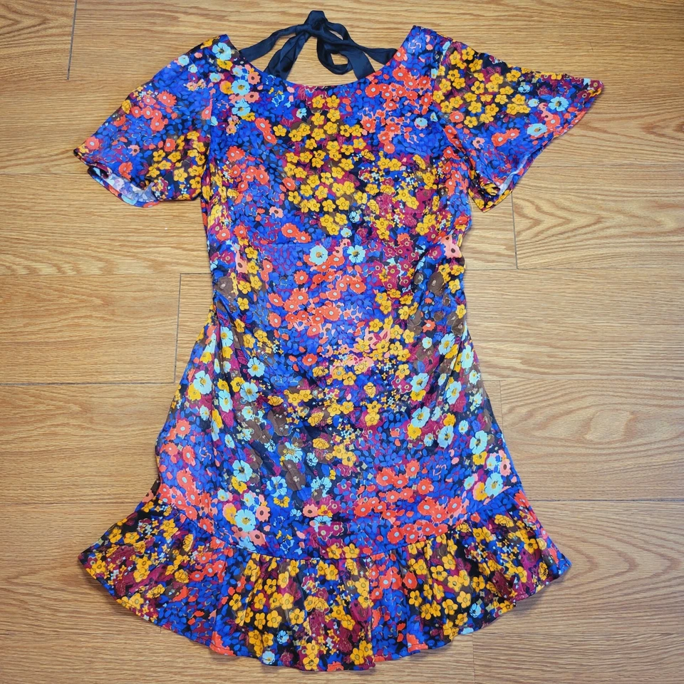 Anthropologie Ruffled Satin Floral Mini Dress Size 6 Z316-64