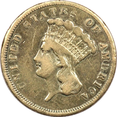 1859 Princess Head $3 Gold Coin, Very Fine VF, Cleaned - Image 1 of 2