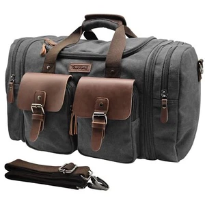 Wildroad 60L Travel Duffel Bag Expandable Canvas Genuine Leather Duffle Bag U... - Picture 1 of 7