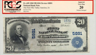 1902 $20 First NB of Valley Junction, IA Plain Back Banknote PCGS Apparent VF-20 - Image 1 of 2