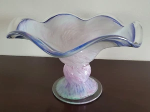 MURANO HAND MADE GLASS PEDESTAL DECORATIVE PINK BLUE SWIRLED BOWL RUFFLED EDGES - Picture 1 of 6