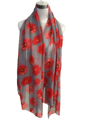 Poppy Flower Grey Scarf Light Weight Scarf Shaw