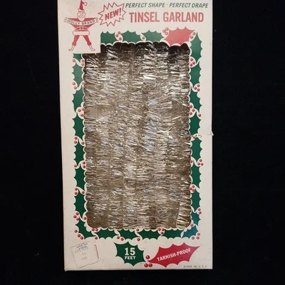 Vintage  Holly Brand Silver Christmas Tree Tinsel Garland Box 15'  MCM NOS - Image 1 of 4