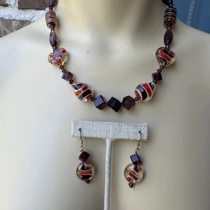 Vintage Lampwork Kunst Glasperlen Halskette 18" mit 2" Ohrring Set goldfarben Knebel - Bild 1 von 14