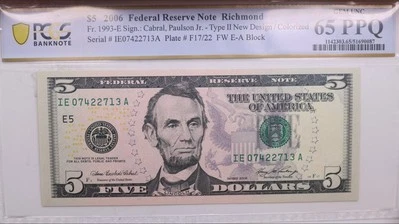 2006 $5., Federal Reserve Bank Note., PCGS CU-65., PPQ., GFRB077 - Image 1 of 2