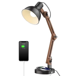 LED Sapele Wood Desk Lamp with Upgraded Wireless Charger & USB C Charging Por... - Picture 1 of 9