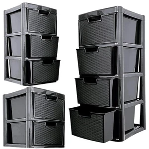 Black Plastic Rattan Drawer Storage Unit Multipurpose Home Office Large Drawers - Picture 1 of 14
