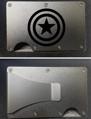 CUSTOM "CAPTAIN AMERICA LOGO" ENGRAVED SLIM MINIMALIST WALLET - BLACK METAL - Image 1 of 4