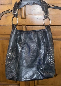 PLZ READ! STEVEN Steve Madden Brown/Black Leather Brass-Studs Hobo Shoulder Bag - Picture 1 of 7